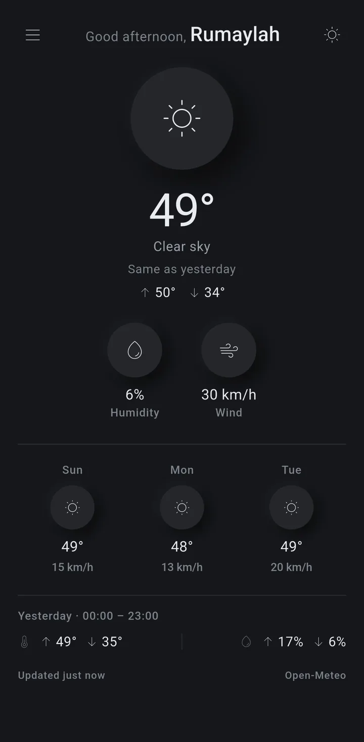 ROOZ weather overview in dark mode